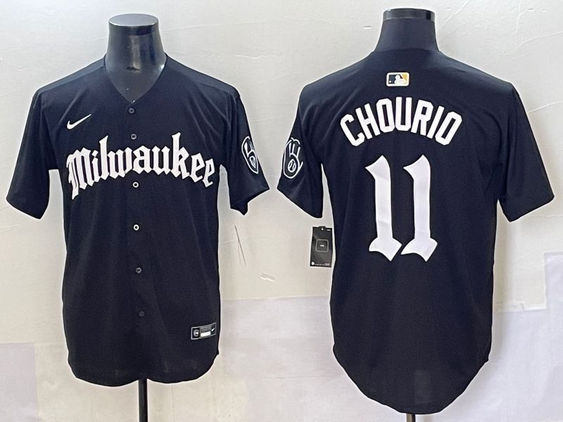 Men 2025 Milwaukee Brewers #11 Chourio Black Five generations Joint Name Nike MLB Jersey style 1